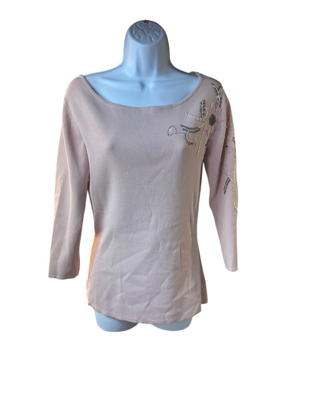 Georgiou Studio Beaded Floral Embroidered Knit Top Blush Pink 3/4 Sleeve Large